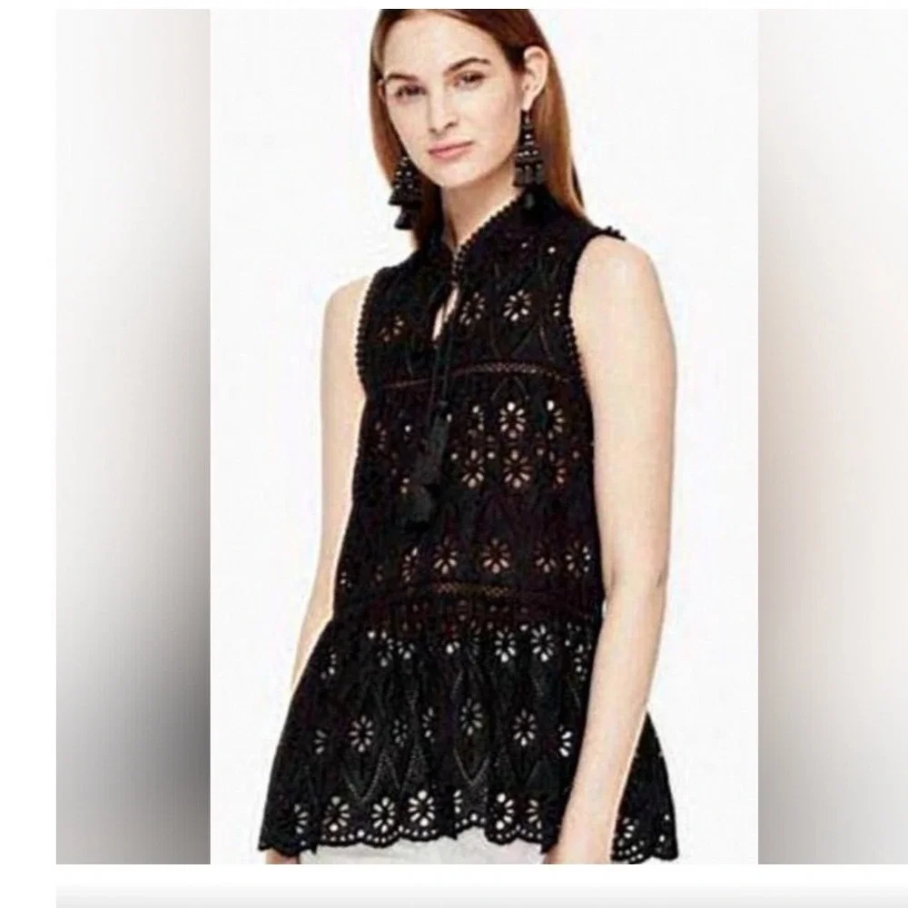 Kate Spade Spice‎ Things Up Top Black Eyelet Tassel Peplum Sleeveless Small